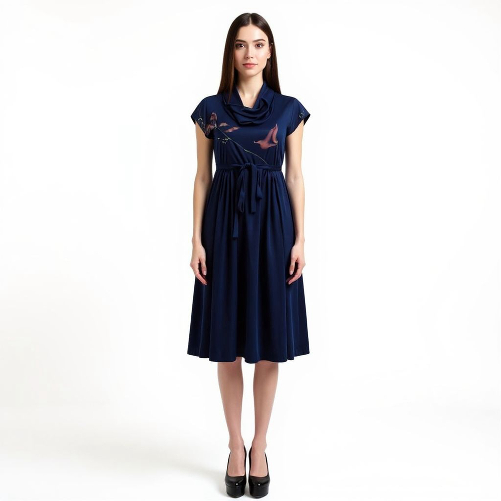 Tracy Vintage Floral Deep Blue Belted Dress